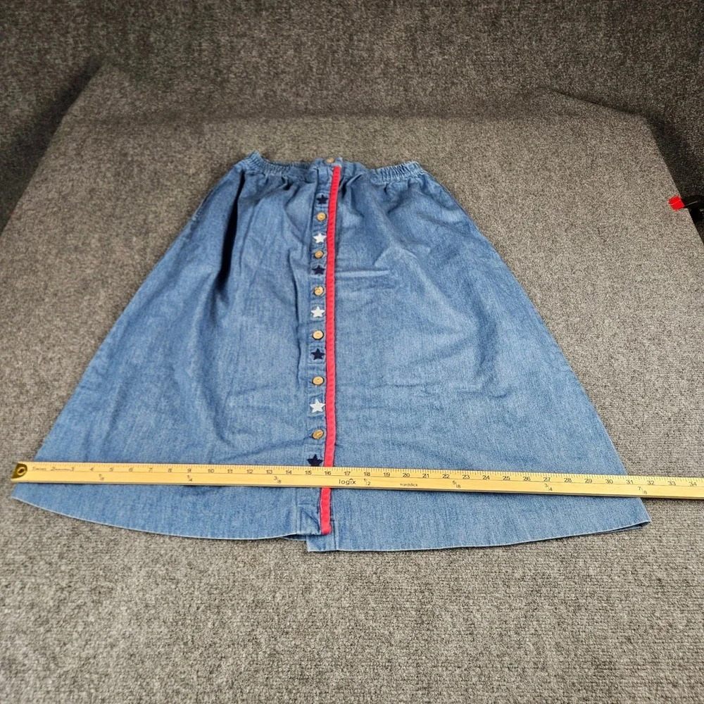 Vintage Eagles Eye Denim Midi Skirt L Blue Cotton Star Button Front Red‎ Trim